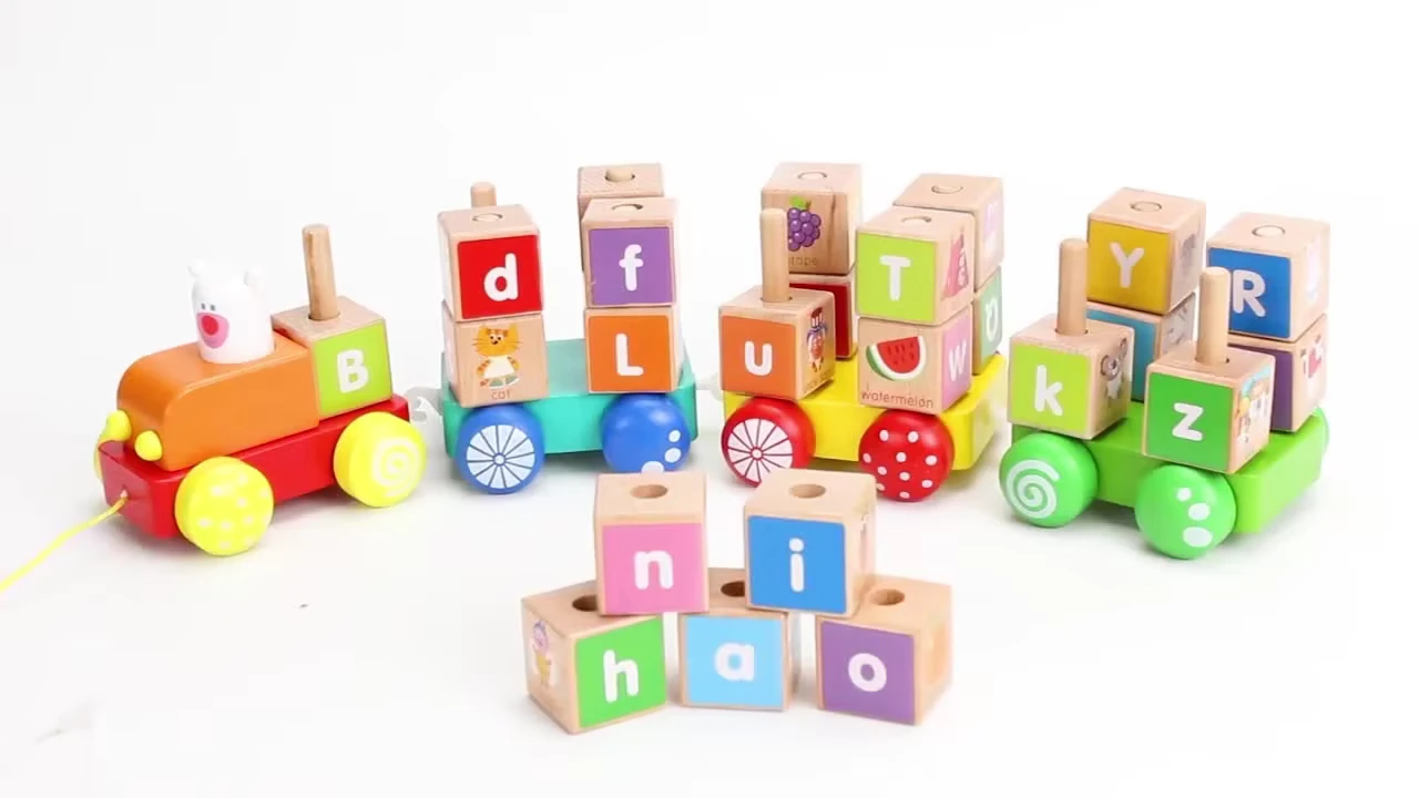 train2 Wooden Alphabet Train Toy - Pull-Along Train with ABC Blocks